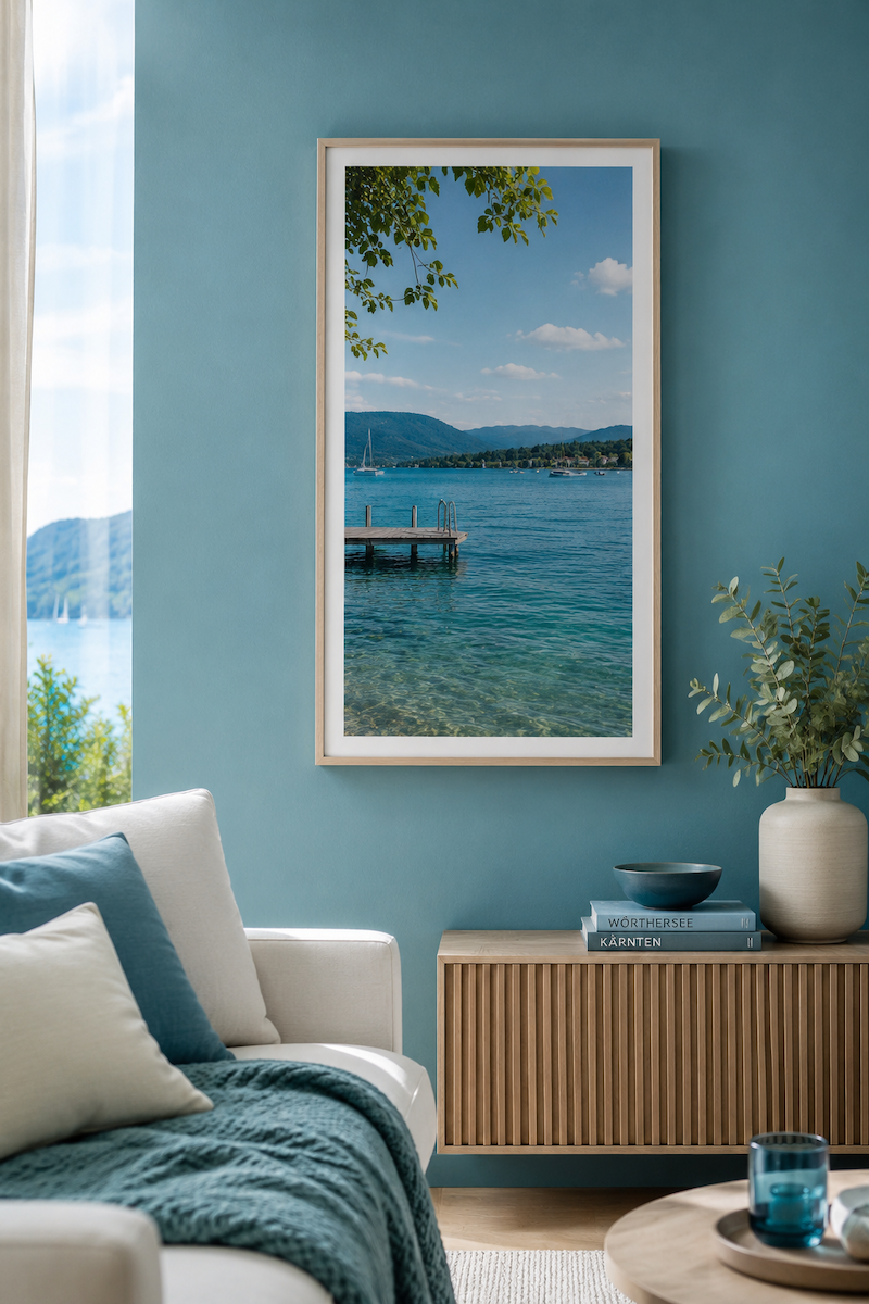 Wohnzimmer mit türkis gestrichener Wand, gerahmtem Wörthersee-Bild, hellem Sofa und Sideboard aus Holz.